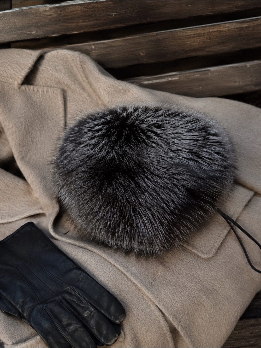 Genuine Fox Fur Muff Hand Warmer with Pocket Black Wristlet